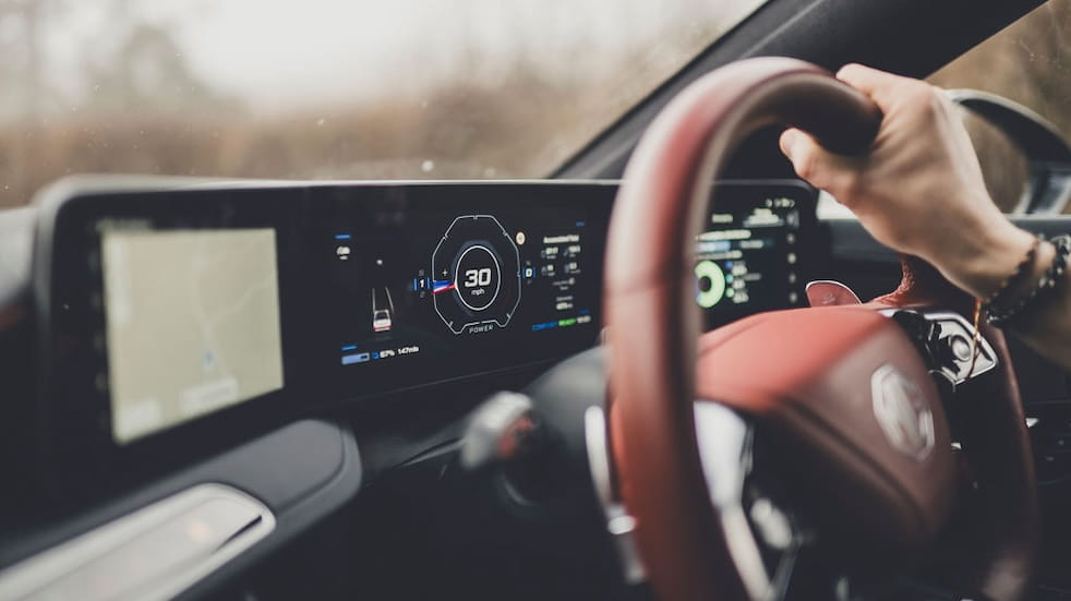 Interior of the MG Cyberster including the dashboard and steering wheel